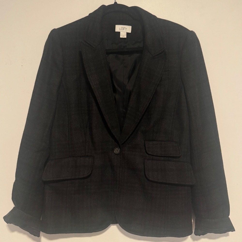 Ann Taylor LOFT Womens Black Herringbone Wool Blend Single Button Blazer Size 10